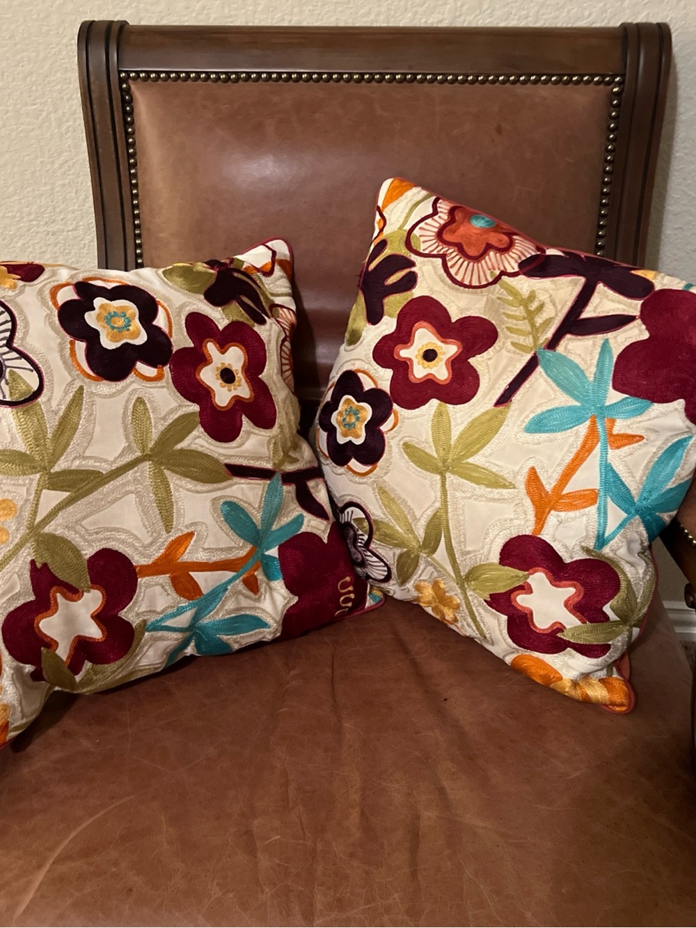 Lot of 2 Pier 1 Imports Embroidered Floral Throw Pillows Boho Cream Crewel 18x18